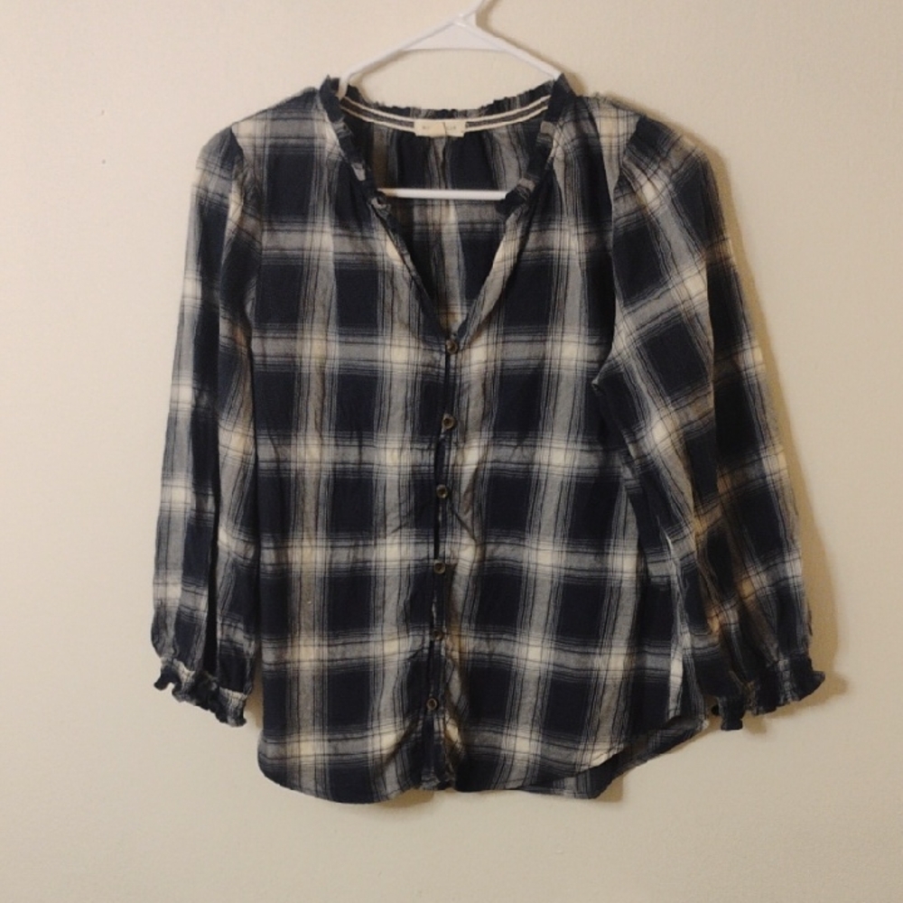Mason & Belle Women's Navy and White Plaid Button-Down Shirt Small